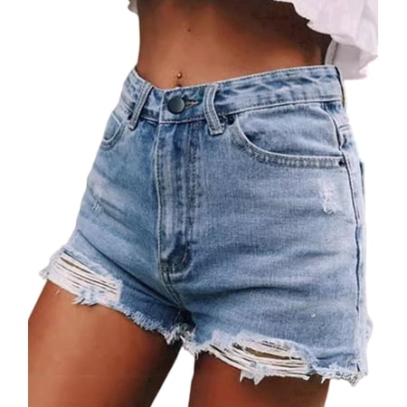 SOMER Womens Jean Shorts Denim Shorts with Pockets Mid Rise Ripped Frayed Hem Casual Trendy Blue Summer