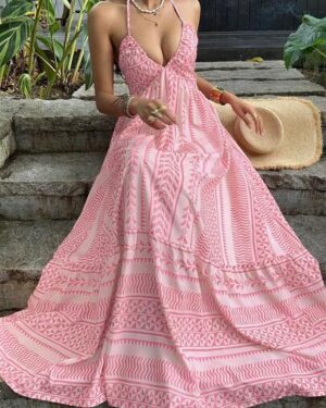Sunnyshic Pink Digital Print Fitted Waist Backless Tie Strap V-Neck Beach Vacation Dress