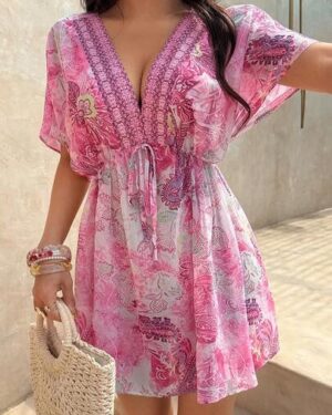 Sunnyshic Women's Casual Vacation Daily Versatile Fashion Paisley Print Batwing Sleeve Chiffon Mini Dress, Summer