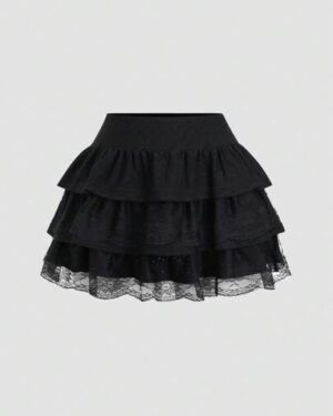 SHEIN | Black Layered Ruffle Mini Skirt with Lace Hem