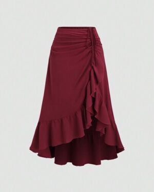 SHEIN | Burgundy Ruched Ruffle Midi Skirt