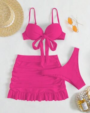 Swim Mod Summer Beach Solid Bikini Set Knot Front Push Up Bra & High Cut Bottom & Ruched Beach Skirt 3 Piece Bathing Suit