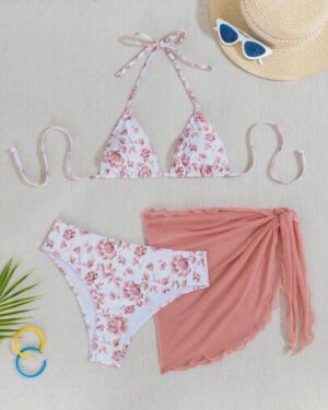 Swim Mod Summer Beach Women's Vacation Floral Print Halter Neck Tie Sexy Bikini Set With Cover-Up Skirt , Random Printed, 3pcs