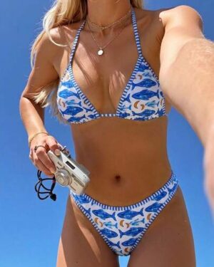 Swim Mod Women's 2-Piece Swimwear Set, Crayfish Print Colorblock Blue And White Striped, Fashionable Sweet Tropical Beach Vacation Summer