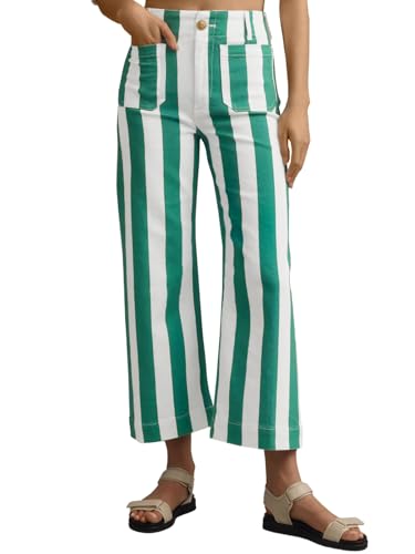 Tankaneo Womens Cropped Striped Jeans High Waisted Wide Leg Denim Pants