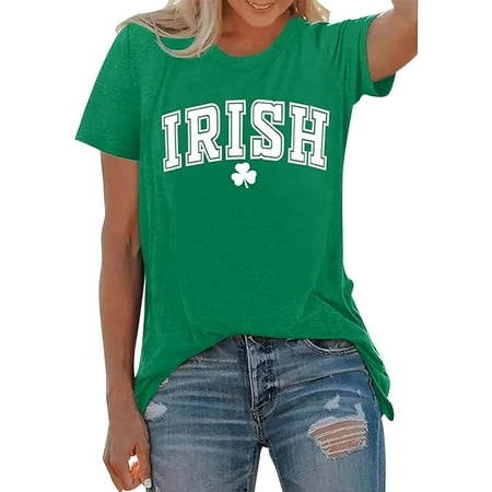 T Shirts For Women St Patricks Day Irish Shamrock Tee Shirt Short Sleeve Crewneck Clover Tees Spring Summer Tops Casual Green L