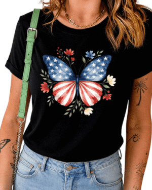 UNISHE Women's 4th of July American Flag Butterfly Floral Graphic Short Sleeve T-Shirt Casual Crewneck Cotton Daily Tee