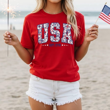 USA Est 1776 Floral Shirt - 4th of July Patriotic Tee for Women - American Flag Memorial Day Top