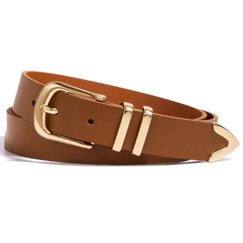 VATAN Women Leather Belt for Jeans Dresses Pants Fashion Ladies Casual Waist Belt with Gold Buckle (Brown, M Fit Waist Size 27"-32")