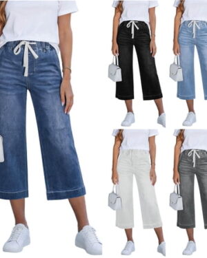 VBVC Women's Drawstring Wide Leg Cropped Jeans,High Waisted Washed Denim Pants For Women,Ladies Comfy Summer Culottes with Pockets,Blue,S-2XL