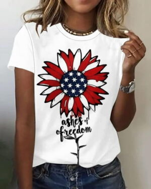 Vivianyo HD American Flag T-Shirt For Women Summer 2024 Vacation Casual Print 4Th Of July Clothes Patriotic Graphic Tees Tops Loose Round Neck Boho Short Sleeve Shirts Comfy Tunic Clothes