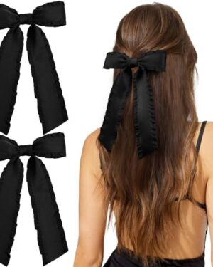 VOBOBE 2PCS Hair Bows for Women Girls, Black Tassel Hair Ribbon Bowknot Hair Clips Barrettes Hair Accessories for Girl with Long Tail (Black)