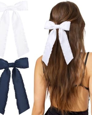VOBOBE 2PCS Hair Bows for Women Girls, Navy White Tassel Hair Ribbon Bowknot Hair Clips Barrettes Hair Accessories for Girl with Long Tail (Navy+ White)