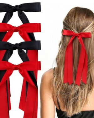 VOBOBE 4PCS Hair Bows for Women Girls, Black Red Satin Tassel Hair Ribbon Bowknot Hair Clips Barrettes for Girl with Small Long Tail Hair Accessories (Black+Red)