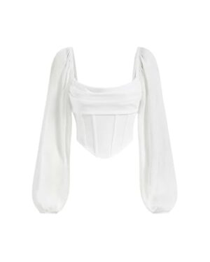 WDIRARA Women's Square Neck Mesh Long Sleeve Corset Crop Tops White
