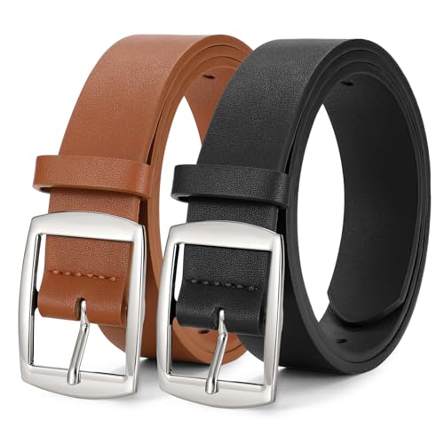 WERFORU 2 Pack Women Leather Belts for Jeans Pants Fashion Leather Belts for Women Waistband with Silver Pin Buckle,Black+brown-silver buckle,XS:Fit Waist Size 21"-25"