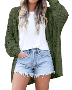 WIFFGO Womens Summer Crochet Lightweight Cardigan Sweaters Boho Kimono Long Sleeve Open Front Knitted Outwear Outfits Army Green