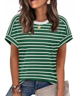 WIHOLL Short Sleeve Shirts for Women Tops 2026 Christmas Outfits St Patricks Day Clothing Short Cap Sleeve Tee Green Stripes L