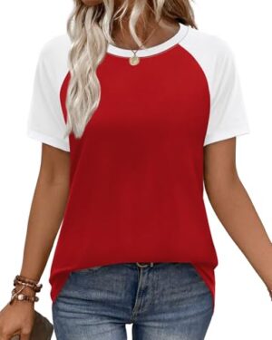WIHOLL Summer Outfits for Women 2026 Vacation Clothes Trendy Spring Tops Fashion Clothing Short Sleeve Shirts Basic Tees Color Block Resort Wear White Red L
