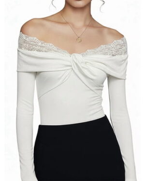 Women Lace Off the Shoulder Bodysuit Long Sleeve Thong Bodycon Slim Fit Tops Leotard White XL