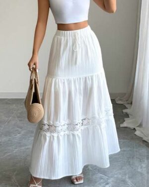 Women's Casual A-Line French Lace Hem Drawstring Waist White Maxi Dress, Suitable For Summer Vacation Spring