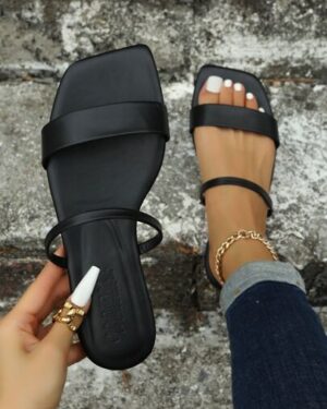 Women's Flat Sandals, Comfortable Flat Double Strap Beach/Casual/Outdoor Slippers, New Summer Fashion Square Toe Open Toe