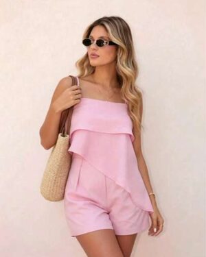 Women's Vacation Solid Color Asymmetric Hem Camisole And Shorts Casual 2 Pieces Set, Pink, Summer Elegant