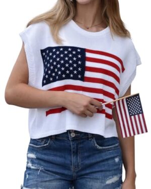 Womens American Flag Sweater Cap Sleeve Summer Crop Tops Crew Neck Loose Fit Knit Sweater Pullover Top White