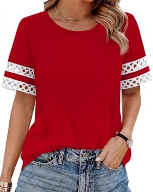 Women's Clothing Crewneck Business Casual Tops for Women Country Concert Outfits Color Block Short Sleeve Work Blouses Valentines Gifts Solid Color Red L