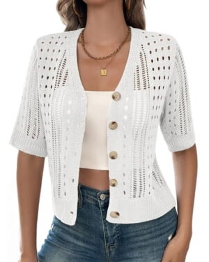 Women'S Comfy Knit Sweater Cardigan Casual Hollow-Out Short Sleeve Cardigan for Wear White XL