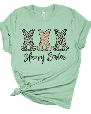 Womens Easter Tshirt Happy Easter Printed Bunnies Short Sleeve T-shirt-Mint-xl