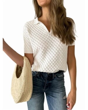 Women'S Minimalist Lazy Chic V Neck Pullover Knit Sweater Tshirt Basic Casual Top White S