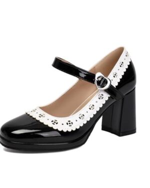 Women's Patent Leather Chunky Block High Heels Mary Jane Pumps Square Closed Toe Ankle Strap Buckle Party Prom Wedding Dress Shoes (Black,5)