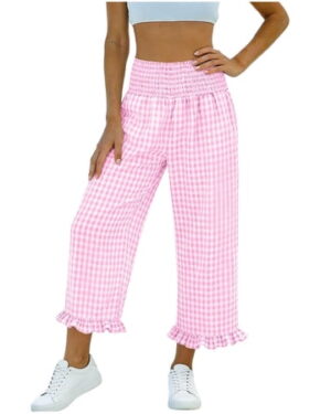 Women's Plaid Capris Wide Leg Gingham Capri Pants Ruched Elastic Waisted Flowy Ruffle Hem Capris, M