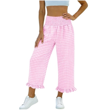Women's Plaid Capris Wide Leg Gingham Capri Pants Ruched Elastic Waisted Flowy Ruffle Hem Capris, M