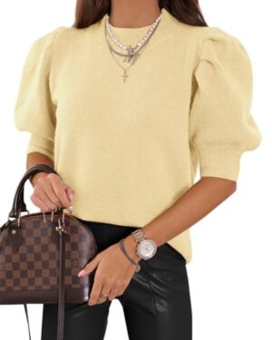 Women's Puff Short Sleeve Sweater Tops 2025 Spring Summer Trendy Crew Neck Casual T Shirts Blouses