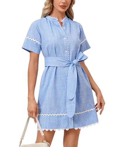 Women's Short Sleeve Summer Shirt Dress Button Down Belted Tunic Mini Dresses RIC Rac Trim Sundress with Pockets Blue