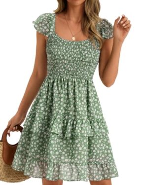 Women Summer Mini Dresses Casual Floral Smocked Ruffle Layered Flowy Swing Babydoll Boho Beach Sundress Green
