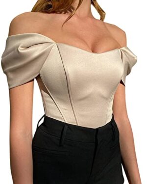 xxxiticat Women’s Off Shoulder Corset Top Short Sleeve Satin Silk Bustier Crop Top Bodycon Slim Fit Fashion T-Shirt(AP,M) Apricot