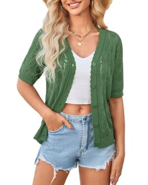 Yekaty Crochet Green Cardigan Short Sleeve Shrugs for Women Summer Sweaters