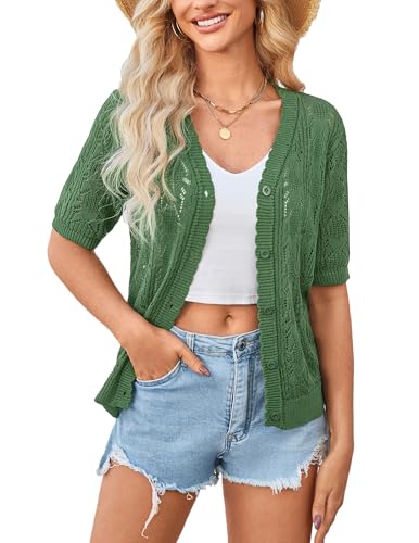 Yekaty Crochet Green Cardigan Short Sleeve Shrugs for Women Summer Sweaters