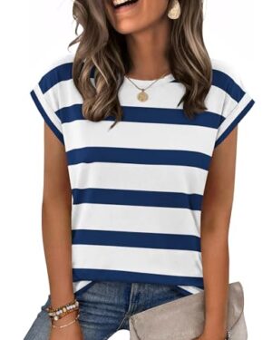 Amazon | Women's Blue & White Striped Short Sleeve T-Shirt – Casual Summer Crewneck Top