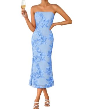 ZESICA Summer Strapless Floral Wedding Guest Dress for Women Blue XS
