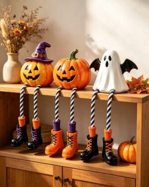 1/3 Halloween Hanging Leg Shelf Sitting Doll, Resin Witch Hat Pumpkin Ghost Bat Hanging Decor With Hanging Rope Legs, Pumpkin Lantern Statue, Autumn Horror Table Decor,...