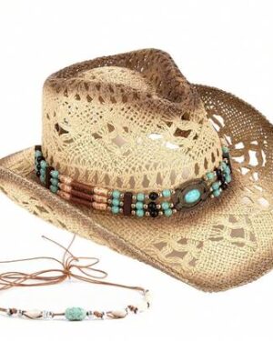 1 Hat And 2 Decorations Unisex Bead Decor Cowgirl Hat Hollow Out Summer Travel Shade Cowboy Hat Dyeing Wide Brim Printed Breathable With Beaded Trim Band Hand Woven Beach Hat...