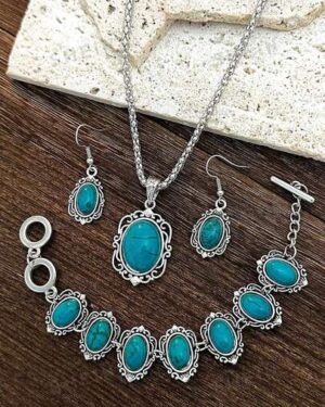 1 Set Vintage Bohemian Style Turquoise Floral Geometric Pattern Jewelry Set: 2pcs Earrings, 1pc Bracelet, 1pc Necklace, Suitable For Women & Girls, Suitable For Dates,...