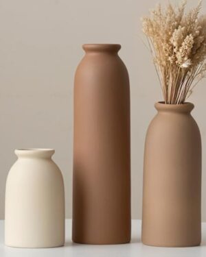 10.4 inches Tall Decorative Ceramic Vase Set, 3 Pieces, Nordic Modern Boho Style, White, Modern Farmhouse for Home Decor (Coffee Mix)