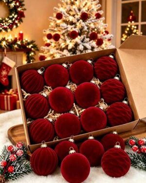 12pcs/Set Burgundy Flocked Christmas Balls, Christmas Tree Decoration, Christmas Balls, Christmas Party Decoration, Home Christmas Decoration, Christmas Stocking Fillers,...