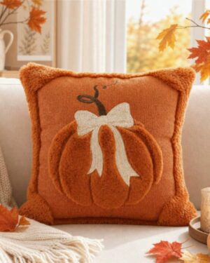 1PC/2PCS Autumn 3D Jacquard Pumpkin Pillowcase, Faux Fur Halloween Throw Pillow Cover, Comfortable Modern Home Style, Pumpkin Bow Design, Suitable For Country Style Sofa,...