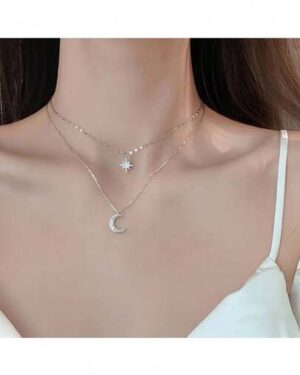 1pc 925 Silver Women's Double-Layered CZ Star And Moon Pendant Necklace With Elegant Chain, Exquisite And Stylish Jewelry Gift.